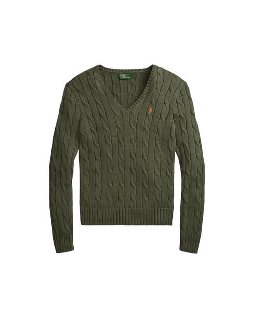 Ralph Lauren Green Cable-Knit V-Neck Sweater