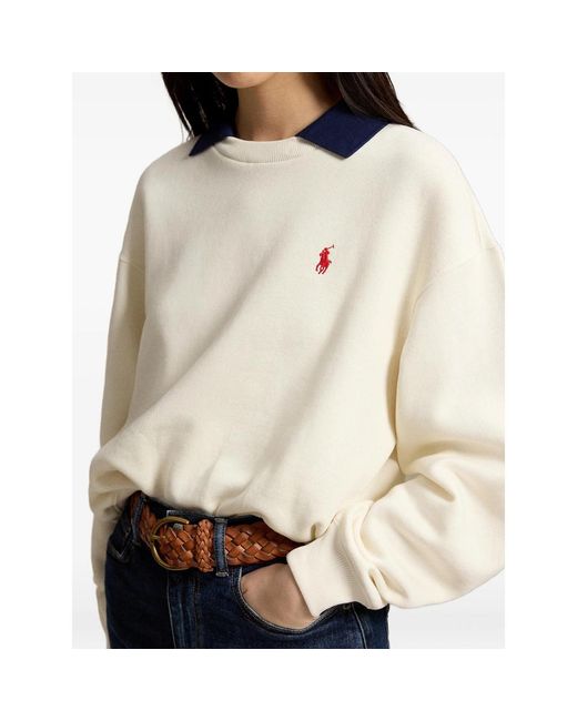Ralph Lauren White Logo-Embroidered Contrast-Collar Sweater