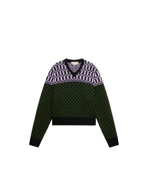 Marni Green Jacquard-Knit Geometric-Motif Sweater for men