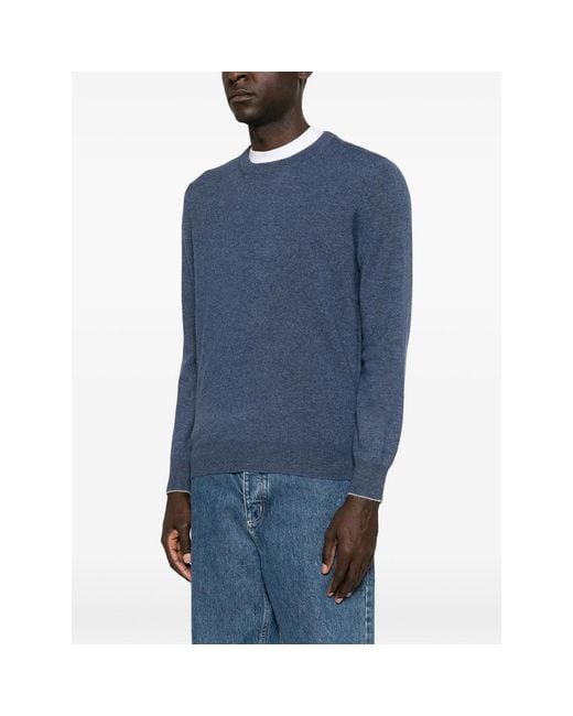 Brunello Cucinelli Blue Crew-Neck Long-Sleeve Sweater for men
