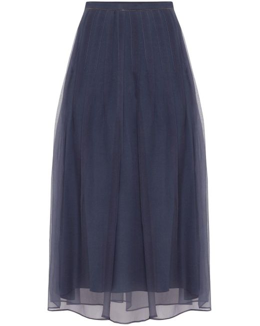 Brunello Cucinelli Blue Pleated Silk Midi Skirt