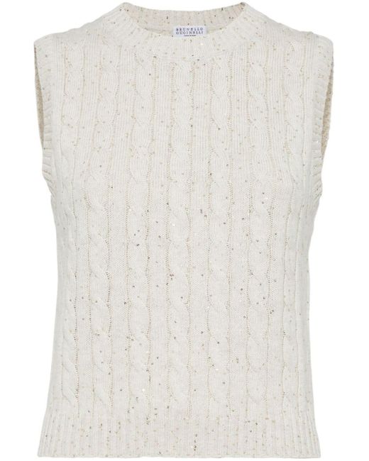 Brunello Cucinelli White Sequinned Cable-Knit Top