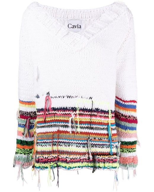 CAVIA White Frayed-Detail Knitted Jumper