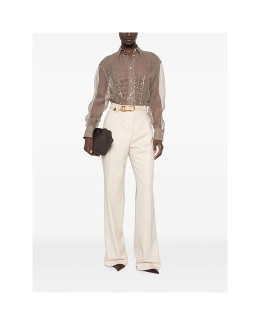 Brunello Cucinelli Brown Sequin-Embellished Semi-Sheer Shirt
