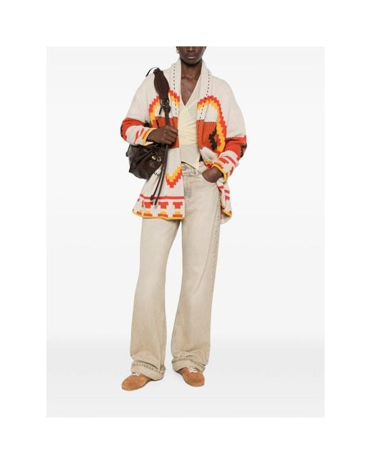 Kujten Orange Intarsia-Knit Shawl-Collar Cardigan