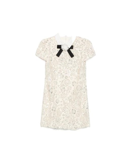 Self-Portrait White Sequin-Embellished Bow-Detail Mini Dress