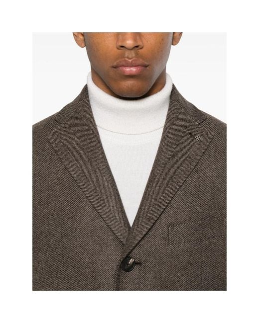 Tagliatore Brown Herringbone-Pattern Single-Breasted Coat for men