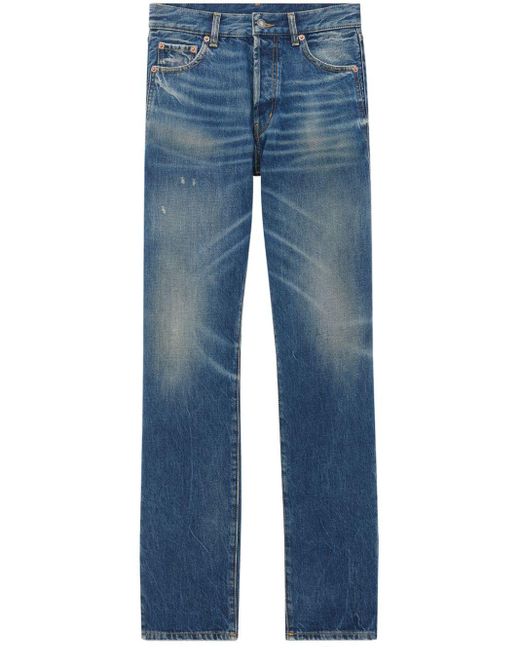 Saint Laurent Blue Whiskering-Effect Straight-Leg Jeans for men