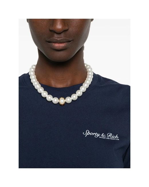 Sporty & Rich Blue Syracuse Logo-Print Cotton T-Shirt