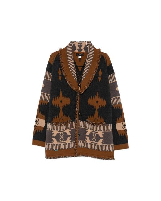 Alanui Brown Jacquard-Knit Fringed Cardigan for men