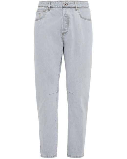 Brunello Cucinelli Gray Logo-Patch Cotton Tapered Jeans for men