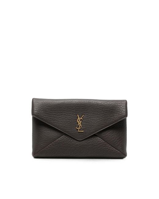 Saint Laurent Black Cassandre Grained-Leather Clutch Bag