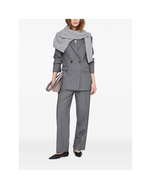 Anine Bing Gray Pinstripe-Pattern Double-Breasted Blazer
