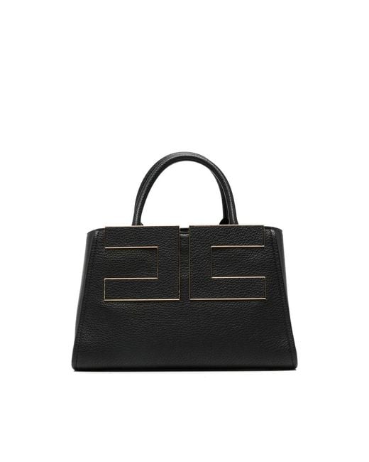 Elisabetta Franchi Black Logo-Plaque Pebbled-Effect Tote Bag