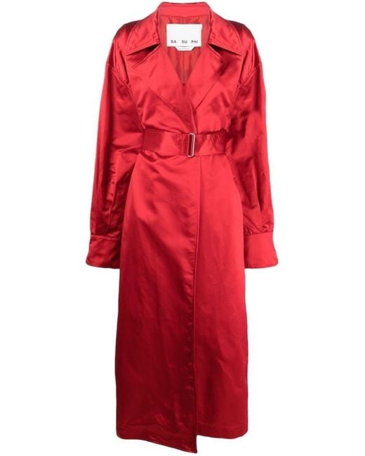 Sa Su Phi Red Belted-Waist Silk Trench Coat