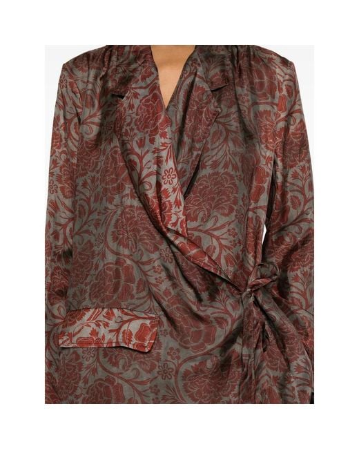 Uma Wang Brown Floral-Print Tie-Fastening Blazer