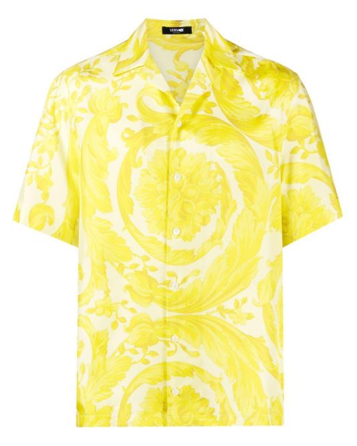 Versace Yellow Barocco-Print Silk Shirt for men