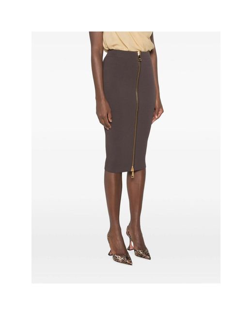 Elisabetta Franchi Brown Front-Zip Pencil Midi Skirt