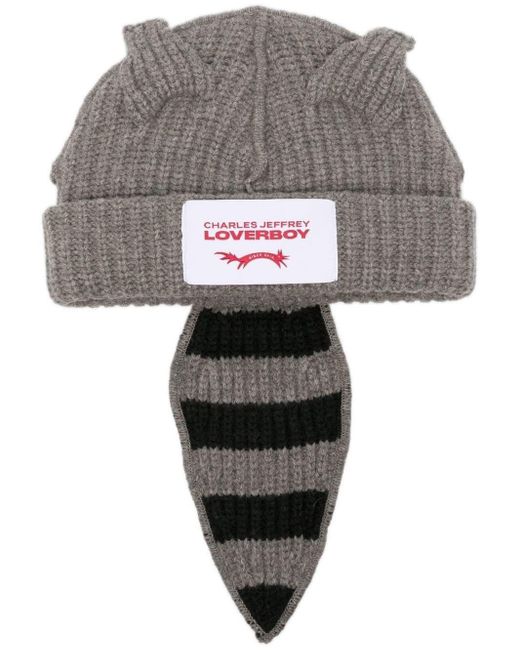 Charles Jeffrey Gray Knitted Raccoon-tail Beanie Hat for men