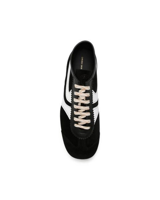 Dries Van Noten Black Suede-Panelled Leather Sneakers for men