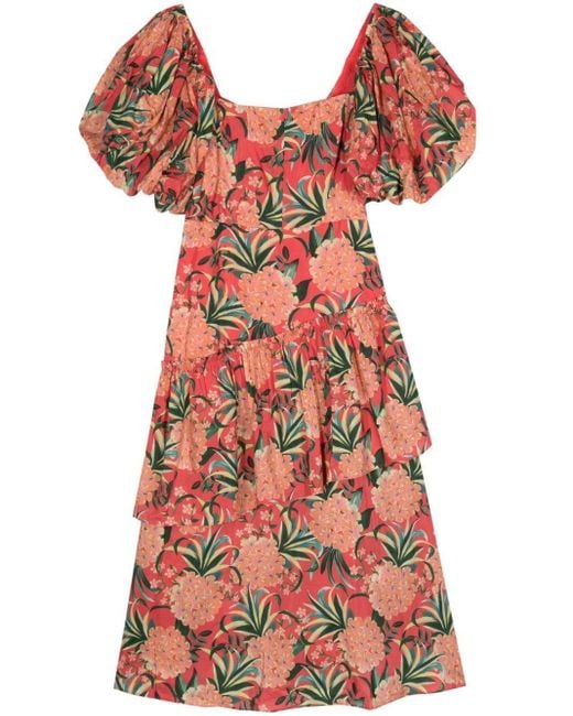 Farm Rio Red Pineapple Bloom Puff-Sleeve Midi Dress