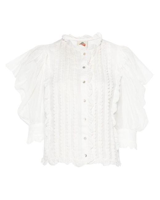 Farm Rio White Draped-Sleeve Cotton Shirt