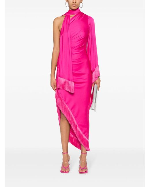 PATBO Pink Fringed One-Shoulder Dress