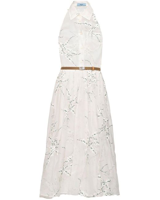 Prada White Floral-Embroidered Silk Midi Dress