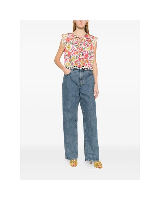 Farm Rio Pink Floral Pom-Pom Top