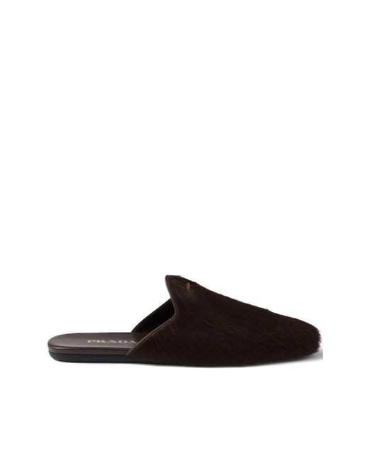 Prada Black Logo-Plaque Hair-Calf Mules