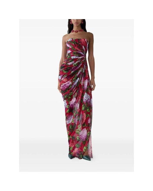 Carolina Herrera Red Strapless Draped Maxi Dress