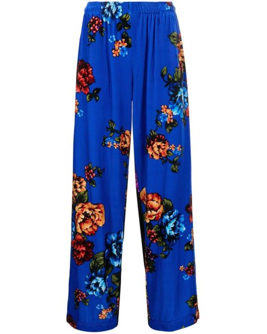 Vetements Blue Floral-print Wide-leg Velvet Trousers