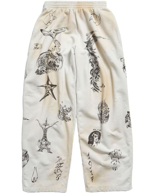 Balenciaga White Tat Graphic-Print Cotton Track Pants for men
