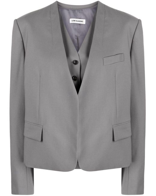 Low Classic Gray V-Neck Wool Vest And Blazer Set