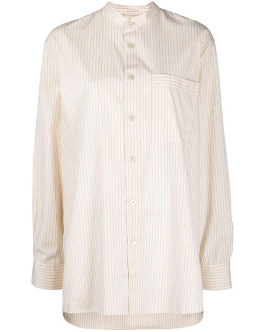 Tekla White Striped Organic-Cotton Band-Collar Shirt