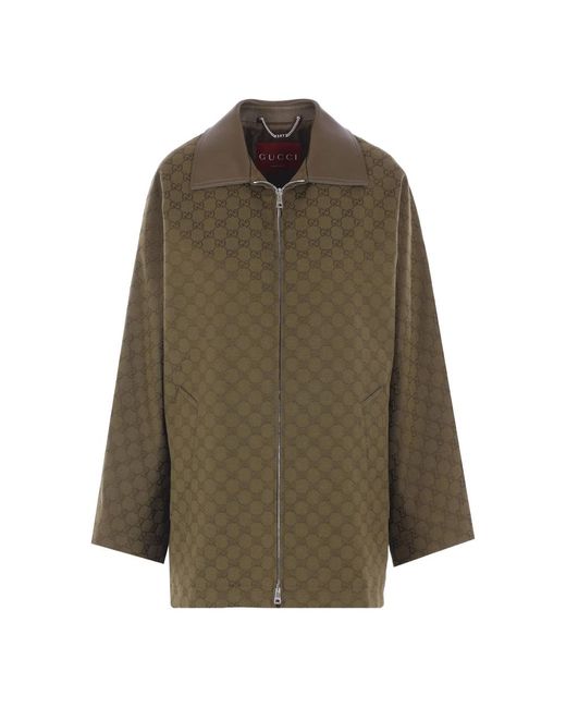 Gucci Green Gg Monogram Leather-Collar Coat