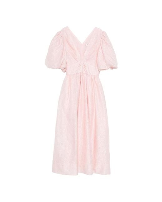 Sea Pink Puff-Sleeve V-Neck Midi Dress