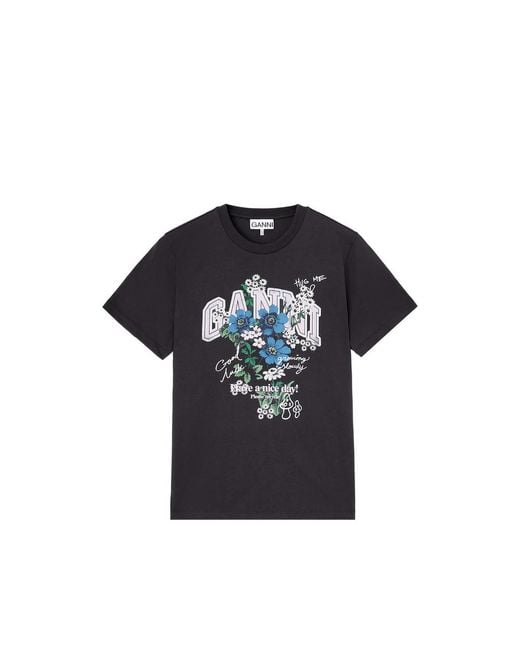 Ganni Black T-Shirt With Flowers