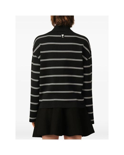 AMI Black Cotton Ami Patch Striped Polo for men