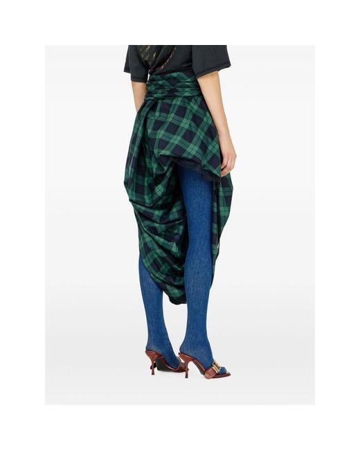DIESEL Green Draped Tartan Midi Skirt With Lace-Trim