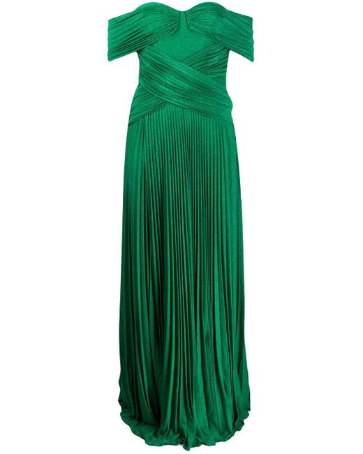 Elisabetta Franchi Green Off-shoulder Pleated Gown