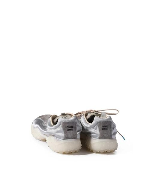 Miu Miu White Bubble Technical Fabric And Suede Sneakers