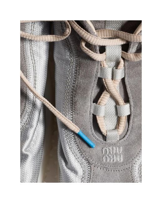 Miu Miu White Bubble Technical Fabric And Suede Sneakers