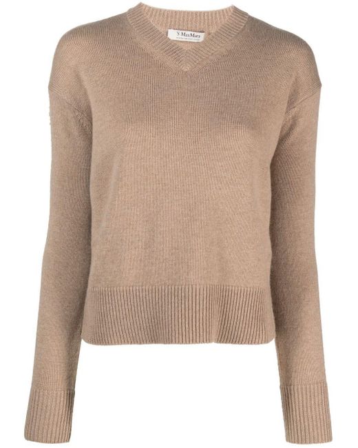 Max Mara Natural Fine-Knit V-Neck Sweatshirt