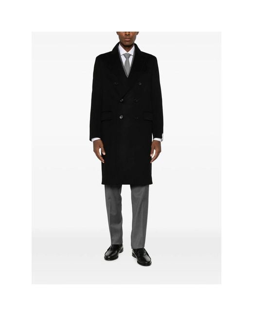 Caruso Black Double-Breasted Peaked-Lapel Coat for men