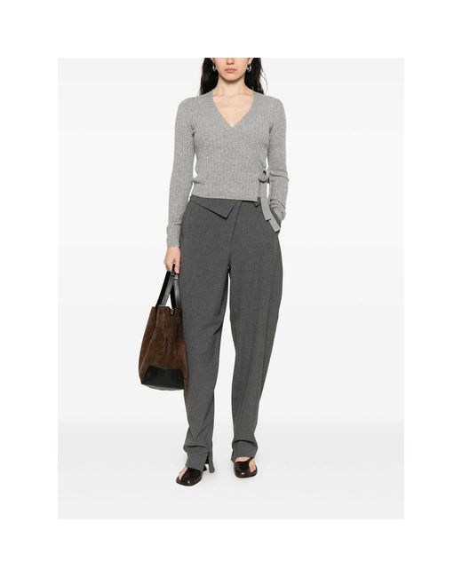 Allude Gray Ribbed Self-Tie Cardigan