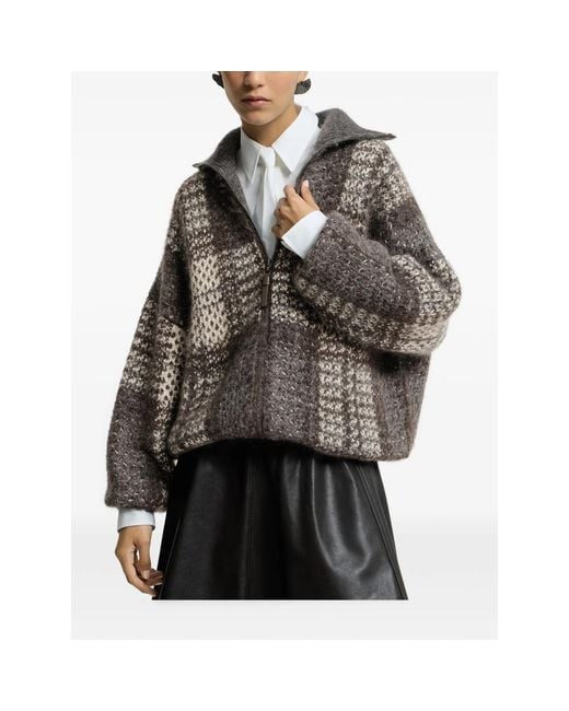Brunello Cucinelli Black Dazzling Tartan Double Knit Outerwear Jacket