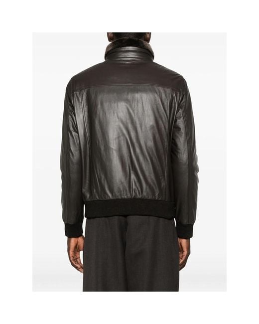 Moorer Gray Leather Faux-Fur-Trimmed Jacket for men