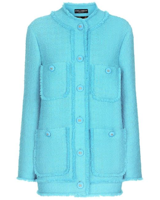 Dolce & Gabbana Blue Round-Neck Buttoned Tweed Jacket