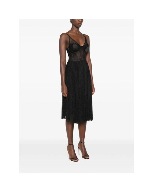 Elisabetta Franchi Black Lace-Panelled Pleated Midi Dress